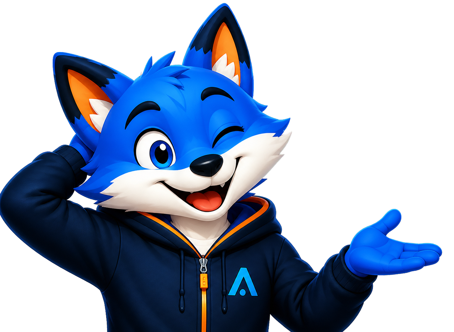 Mascote azul da NOVA a apresentar o portefólio