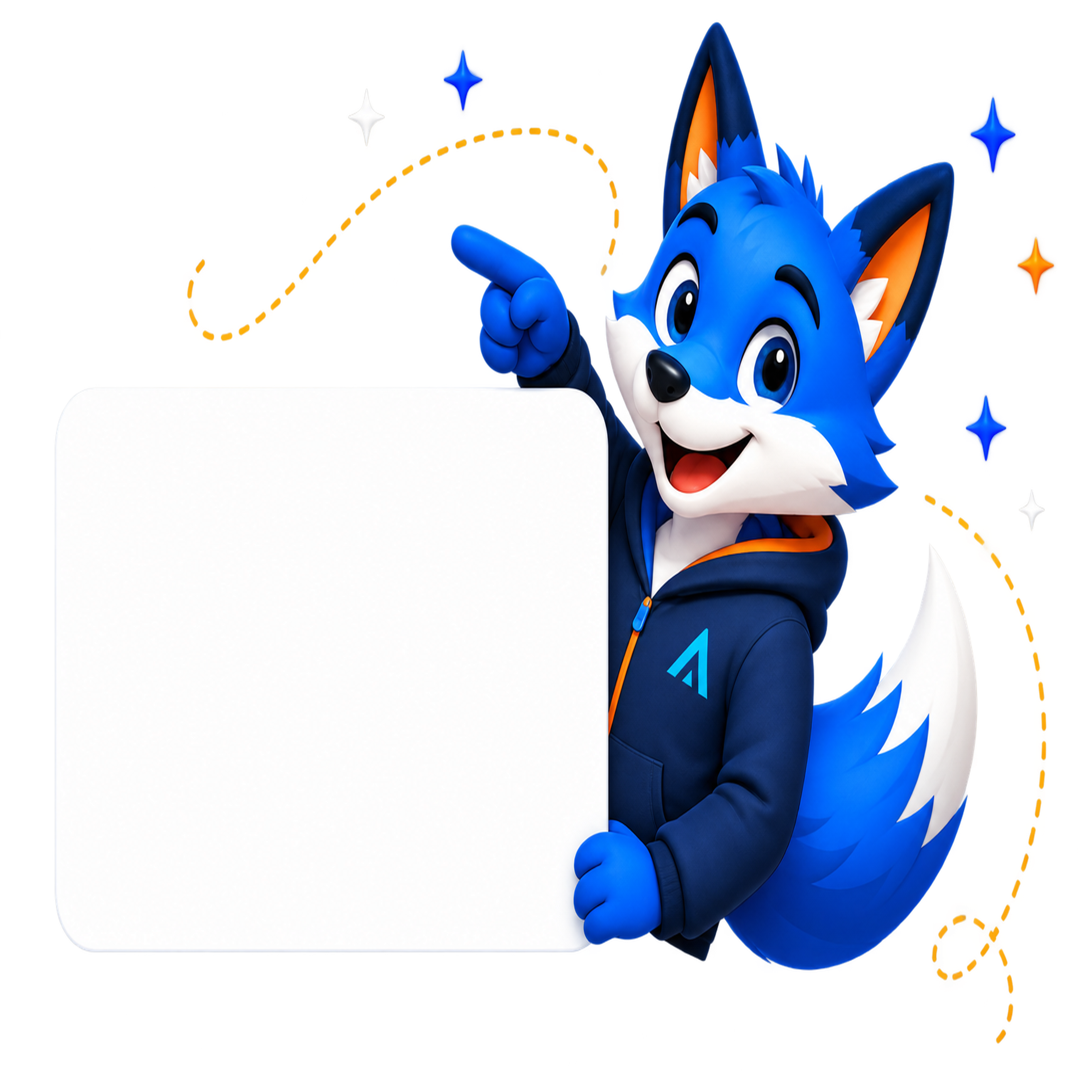 Mascote azul da NOVA a indicar as soluções digitais